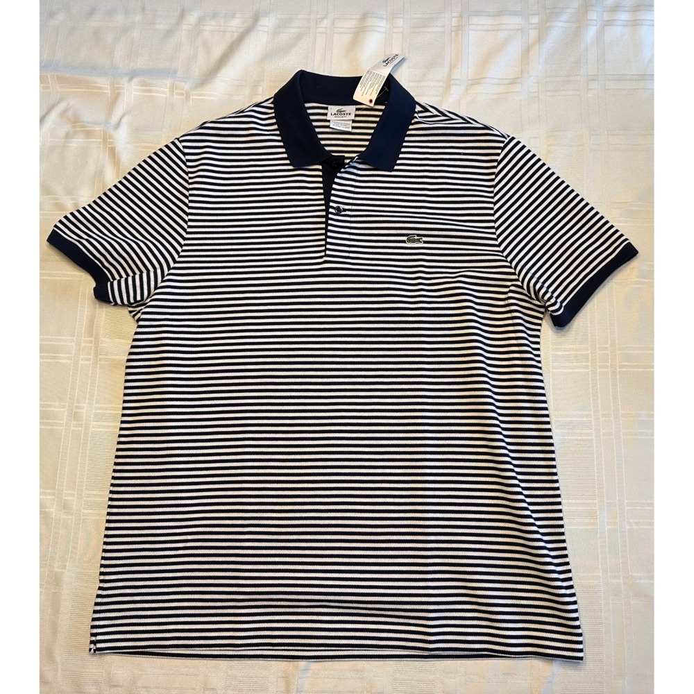 Lacoste Polo Shirt Mens XL Navy White PH8406 Regular Fit Striped Pique Cotton